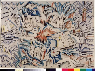 Paisaje mediterráneo Paisaje con barcos, animales, vegetación (palmera) y personajes. Pintura de Charles Georges Dufresne (1876-1938) Dim. 45x62 cm. Mención obligatoria: Colección fondation regards de Provence, Marsella