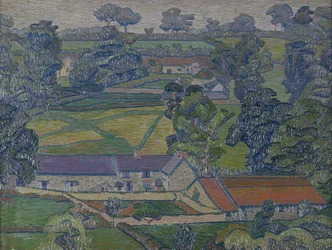 Paisaje con granjas, c.1912-13 (óleo sobre lienzo)