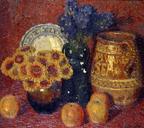 Naturaleza muerta - Flores, cerámica y manzanas (óleo sobre lienzo)