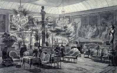 Jardín de invierno de la Princesa Mathilde, dibujo en tinta gris y gouache por Charles Giraud