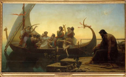 Ilusiones perdidas o anochecer. Una escena alegórica que representa personajes en un drakkar partiendo, un hombre se queda en el muelle con una lira.