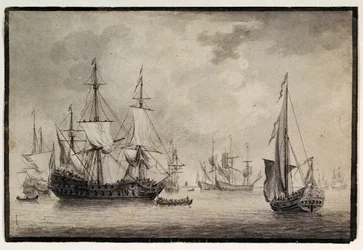 Barco de guerra holandés, yate estatal y embarcaciones lejanas en un puerto, finales del siglo XVIII (pluma, tinta)