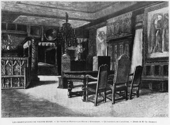 Hogares de Victor Hugo, el salón en la casa de Hauteville en Guernsey, el sillón del ancestro, grabado por Fortune Louis Meaulle (1844-1901)