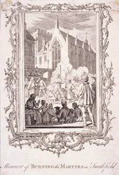 Escena de protestantes quemados en Smithfield, siglo XVI, c. 1760