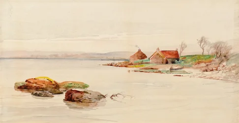 Escena costera con casitas (acuarela)