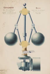 Gobernador para máquina de vapor - Alzado frontal, c.1882 (acuarela)
