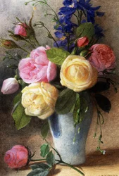 Rosas y delfines en un jarrón. Pintura de Charles Henry Slater (1820-1890) Colección particular.