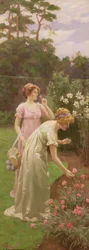 Dos damas recogiendo flores