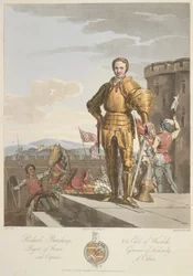 Richard Beauchamp (1381-1439) Conde de Warwick, Anno 1439, ilustración de "The Costume of the original inhabitants of the British Islands from the earliest periods to the sixth century..." de Sir Samuel Rush Meyrick y C.H. Smith, publicado en 1815 (color