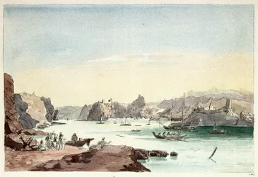 Arroyo Mascate (Omán). Pintura del Teniente Coronel Charles Hamilton Smith (1776-1859)