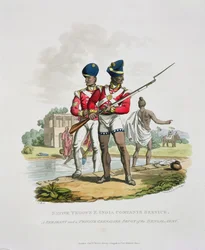 Tropas Nativas en el Servicio de la Compañía de las Indias Orientales: un Sargento y un Soldado Granadero Sepoy del Ejército de Bengala, grabado por Joseph Constantine Stadler, 1815 (aguatinta)