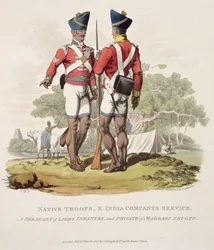 Tropas nativas al servicio de la Compañía de las Indias Orientales: un sargento de infantería ligera y un soldado de los cipayos de Madrás, grabado por Joseph Constantine Stadler, 1815 (aguafuerte)