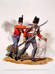 Uniforme de Oficial y Soldado del 52º Regimiento de Infantería Ligera, grabado por Joseph Constantine Stadler, 1812-15