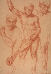 Estudio de figura masculina con re-estudios de cabeza, brazos, hombro y pierna (bocetos para el panel central de "Otoño"), 8 de abril