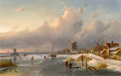 Paisaje invernal con molinos de viento y patinadores sobre una vía de agua helada, décadas de 1840-50