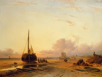 Escena de playa con barcos de pesca