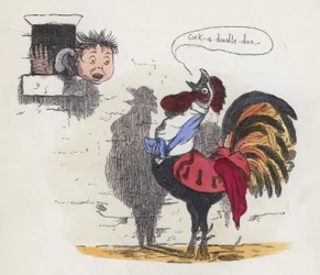 Niño despertado por un gallo cantando (grabado coloreado)