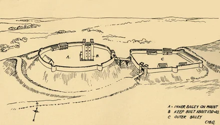 Vista aérea del castillo Hedingham, Essex, reconstrucción parcial, 1931