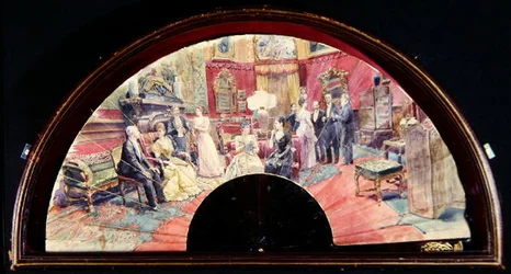 Abanico que representa una reunión social después de la cena en una sala de estar