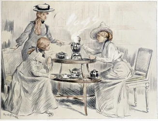 Damas tomando té alrededor de un pequeño samovar - dibujo de Henri Tenré, ca. 1910