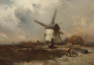 Paisaje con molino de viento y figuras decorativas