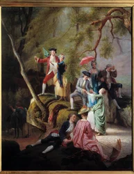 Entretenimiento campestre. Escena galante durante un paseo de nobles. Pintura de Charles Gustave Housez (1822-1880) siglo XIX. Colección privada