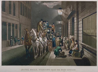 Carruaje de Correos fuera de la Oficina General de Correos, Lombard Street, Ciudad de Londres, 1827