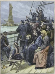 Inmigrantes judíos llegando a Nueva York, EE.UU. en 1892 - refugiados judíos de Rusia pasando la colosal estatua en el puerto de Nueva York - grabado por Charles Joseph Staniland - "Llegada de emigrantes judíos a Nueva York en 1892, ilustración de Charles 