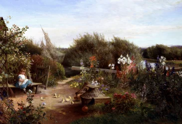 En el jardín. En un jardín, una niña sentada en un banco da semillas a unos polluelos. Pintura de Charles James Lewis (1830-1892 británico) Colección particular