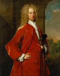 Retrato del coronel William Forward, M.P., de tres cuartos de longitud, con un abrigo y chaleco rojos y una corbata blanca, junto a un arco de piedra, con un paisaje al fondo