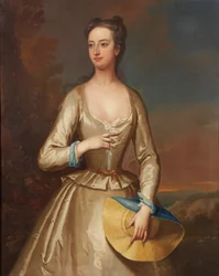 Retrato de tres cuartos de una dama vestida de blanco con un bonete de paja (óleo sobre lienzo)