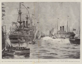 Revisión naval del jubileo de diamante de la reina, la Cámara de los Lores (en el Danubio) y la Cámara de los Comunes (en el Campania) pasando por las líneas de acorazados