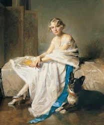 Una elegante dama con su bulldog francés en un interior, c.1925 (óleo sobre lienzo)