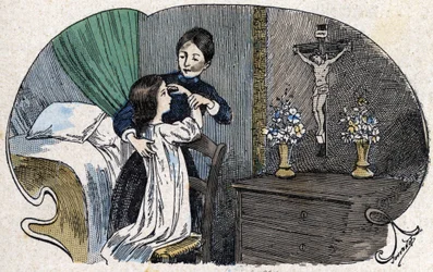 La señal de la cruz. en "Todo eignement religioso - Creo en los dioses", sd., ilustración de finales del siglo XIX de Jouvenot. Biblioteca de catecismos. París. Colección Leemage