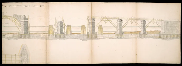 Diseños del proyecto de puente sobre el río Támesis en Londres, BL Maps C.49.e.76