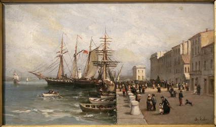 El muelle Saint Pierre y el edificio de la aduana en Cannes. Pintura de Charles Labor (1813-1900), óleo sobre lienzo, principios del siglo XIX. Museo de la Castre, Cannes.