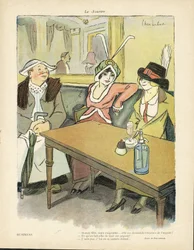 Ilustración de Chas-Laborde (1886-1941) en Le Smile, no 9, 27/02/13 - Negocios - Restaurantes Cafés, Moda, Sombrero - Codicia, Avaricia - Mujeres