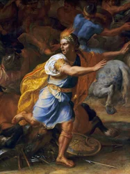 Un hombre asustado. Detalle de la Batalla de Arbela (antigüedad). Pintura de Charles Le Brun (1619-1690)