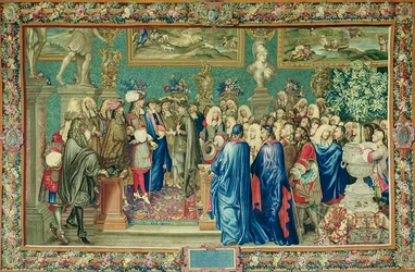 Audiencia concedida por Luis XIV (1638-1715) al Conde de Fuentes, Embajador Real de Felipe IV de España, en el Louvre, 24 de marzo de 1662, Taller de Gobelinos