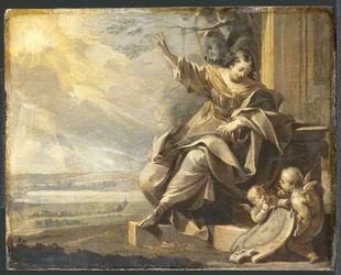 Alemán: Seated Female Figure with Two Putti and River Landscape, Grisaille Figura femenina alegórica con dos putti