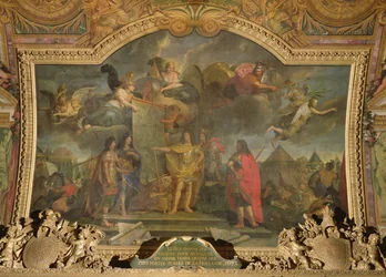 El Rey Luis XIV (1638-1715) da órdenes para atacar simultáneamente cuatro de las posiciones holandesas más fuertes en 1672, pintura en el techo de la Galerie des Glaces