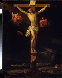 La Crucifixión. Se puede leer la inscripción en latín sobre la cruz ""His est iesus rex iudeorum"" (Este es Jesús, el rey de los judíos). Pintura de Charles Le Brun (1619-1690)