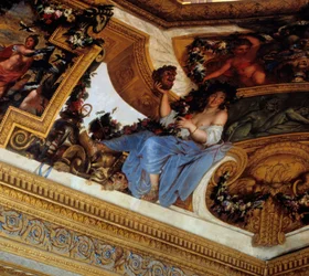 Talía, una de las Musas, patrona de la comedia y la poesía pastoral (detalle) de las pinturas del Salón de las Musas por Charles Lebrun (Le Brun) (1619-1690) siglo XVII Chateau de Vaux Le Visomte (Vaux-Le-Vicomte), Sena y Marne