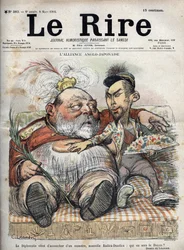 Alianza Anglo-Japonesa (Anglo Japonesa 1902) La diplomacia acaba de dar a luz a un monstruo, nuevo Radica-Doodica: ¿quién será el decano? - Rey Eduardo VII - CARICATURA 1902 por Charles LEANDRE (1862-1934) para The Laughter