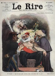 Emile Loubet - Pensiones Presidenciales Gratuitas - Sr. Loubet - ¡Es difícil meter sus convicciones en mi piel! - (Charles Leandre (1862-1934) se burla del estado, la iglesia y el ejército al lado de la cama del presidente LOUBET, cubierto de signos masóni