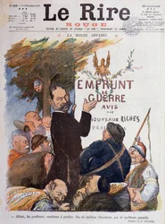 Primera Guerra Mundial (1914-1918): Caricatura sobre la promoción del préstamo de guerra, fuente de ingresos para los aprovechados enriquecidos por el comercio de carbón, municiones y ganado - Dibujo de Charles Leandre (1862-1934), para la portada de Le Ri