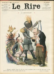 Ilustración de Charles Leandre (1862-1934) para la portada de Le Lire, 25/07/14 - "Encantador Monsieur Viviani ver tan de cerca a un socialista, pero si fueras un súbdito ruso, no sería esa cuerda la que te pasaría." - A crondstadt - Rusia, Cro