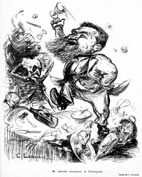 Jean Jaurès bailando y cantando Carmagnole en una mesa de banquete (presumiblemente borracho) imagen en Le Rire n°105 de noviembre 7