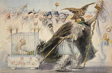 La Censura (Madame Anastasie) arrastra el amor encarcelado, seguida por la cohorte de los bienpensantes