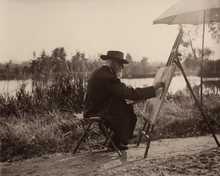 El pintor Lhermitte Léon (1844-1925), trabajando en la ribera del Marne, cerca de su propiedad, alrededor de 1914-1915, Francia